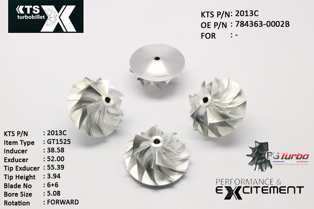 Turbo ROUE FORGÉE MFS PERFORMANCE - 6+6 PALES - INDUCER : 38,58 - EXDUCER : 52 - TYPE : GT15-25ANGLE : 60° - ROTATION : Forward - SUPER BACK : 3,9 - BORE SIZE : 5,08
